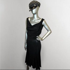 Just Cavalli Black Draped Midi Dress with Branded Button Detail size 42